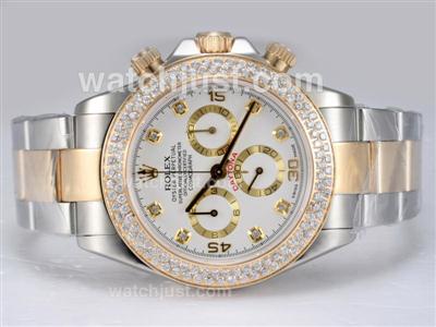 Rolex Daytona Chronograph Swiss Valjoux 7750 Movement Two Tone with Diamond Bezel-White Dial