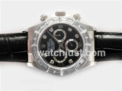 Rolex Daytona Chronograph Swiss Valjoux 7750 Movement With Baguette CZ Diamond Bezel-Black Dial