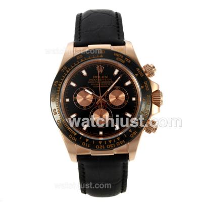 Rolex Daytona II Automatic Rose Gold Case Ceramic Bezel with Black Dial-Leather Strap