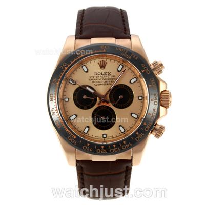 Rolex Daytona II Automatic Rose Gold Case Ceramic Bezel with Golden Dial-Leather Strap