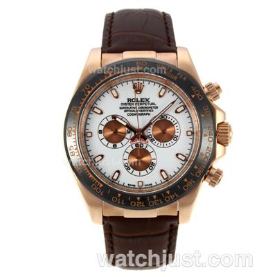 Rolex Daytona II Automatic Rose Gold Case Ceramic Bezel with White Dial-Leather Strap