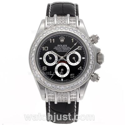 Rolex Daytona Working Chronograph Diamond Bezel Number Markers with Black Dial - Leather Strap