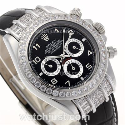 Rolex Daytona Working Chronograph Diamond Bezel Number Markers with Black Dial - Leather Strap