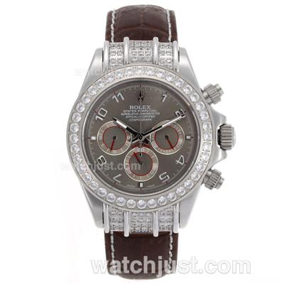 Rolex Daytona Working Chronograph Diamond Bezel Number Markers with Gray Dial - Brown Leather Strap