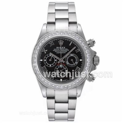 Rolex Daytona Working Chronograph Diamond Bezel Roman Markers with Black Dial S/S