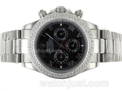 Rolex Daytona Working Chronograph Diamond Bezel Roman Markers with Black Dial