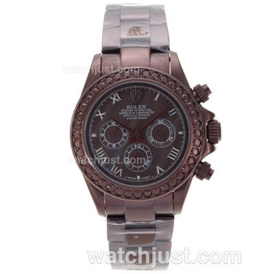 Rolex Daytona Working Chronograph Full Coffee Gold Brown Diamond Bezel Roman Markers with Brown MOP Dial