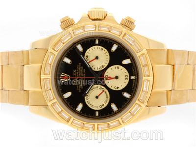 Rolex Daytona Working Chronograph Full Gold CZ Diamond Bezel with Black Dial-Stick Marking