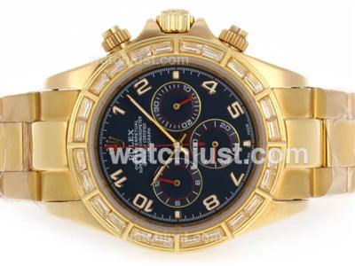 Rolex Daytona Working Chronograph Full Gold CZ Diamond Bezel with Blue Dial-Number Markers