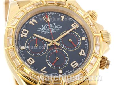 Rolex Daytona Working Chronograph Full Gold CZ Diamond Bezel with Blue Dial-Number Markers