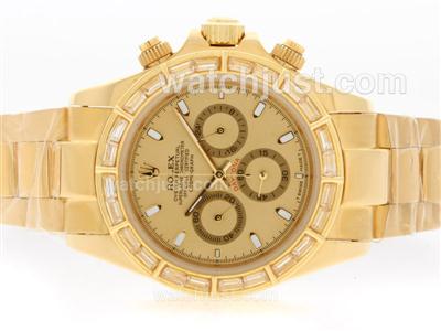 Rolex Daytona Working Chronograph Full Gold CZ Diamond Bezel with Golden Dial-Stick Marking