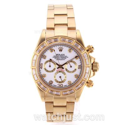 Rolex Daytona Working Chronograph Full Gold CZ Diamond Bezel with White Dial-Diamond Marking