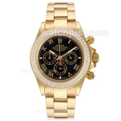 Rolex Daytona Working Chronograph Full Gold Diamond Bezel Roman Markers with Black Dial