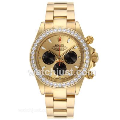 Rolex Daytona Working Chronograph Full Gold Diamond Bezel Stick Markers with Golden Dial