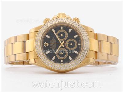 Rolex Daytona Working Chronograph Full Gold Diamond Bezel with Black Dial-Stick Marking Sapphire Glass