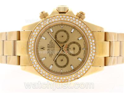 Rolex Daytona Working Chronograph Full Gold Diamond Bezel with Golden Dial-Stick Marking Sapphire Glass