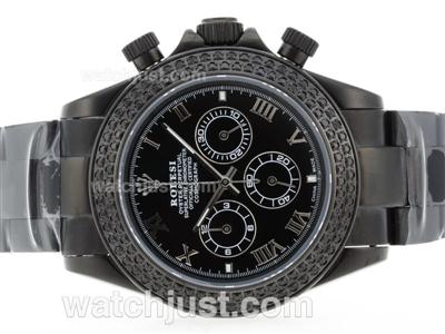 Rolex Daytona Working Chronograph Full PVD Diamond Bezel with Black Dial-Roman Marking