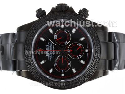 Rolex Daytona Working Chronograph Full PVD Diamond Bezel with Black Dial-Stick Marking