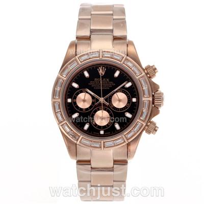 Rolex Daytona Working Chronograph Full Rose Gold CZ Diamond Bezel Stick Markers with Black Dial