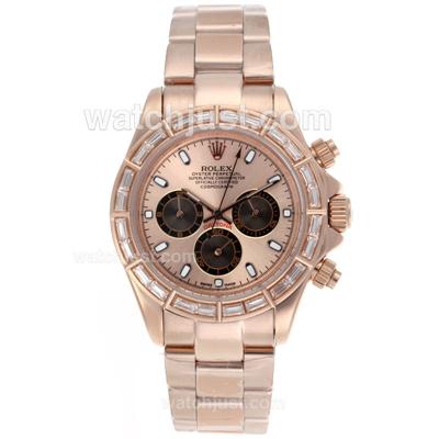 Rolex Daytona Working Chronograph Full Rose Gold CZ Diamond Bezel Stick Markers with Champagne Dial