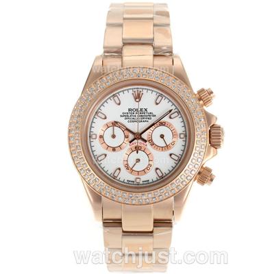 Rolex Daytona Working Chronograph Full Rose Gold Diamond Bezel Stick Markers With White Dial