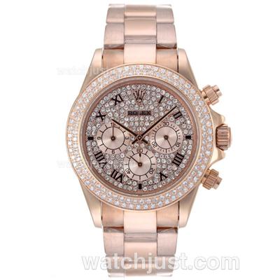Rolex Daytona Working Chronograph Full Rose Gold Roman Markers with Diamond Bezel and Dial