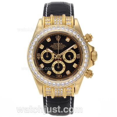 Rolex Daytona Working Chronograph Gold Case Diamond Bezel and Markers with Black Dial-Leather Strap