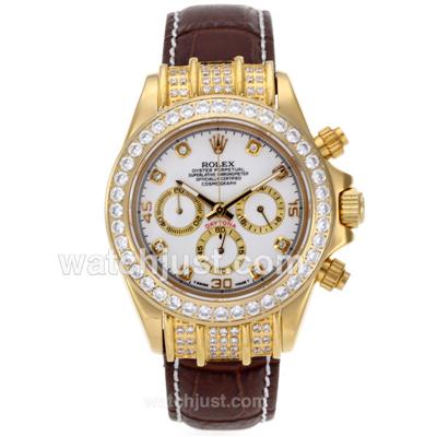 Rolex Daytona Working Chronograph Gold Case Diamond Bezel and Markers with White Dial-Leather Strap
