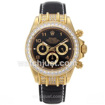 Rolex Daytona Working Chronograph Gold Case Diamond Bezel Number Markers with Black Dial-Leather Strap