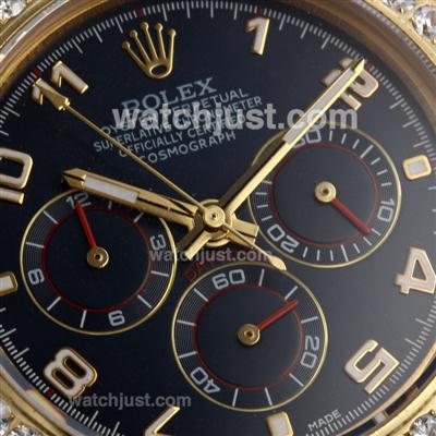 Rolex Daytona Working Chronograph Gold Case Diamond Bezel Number Markers with Black Dial-Leather Strap