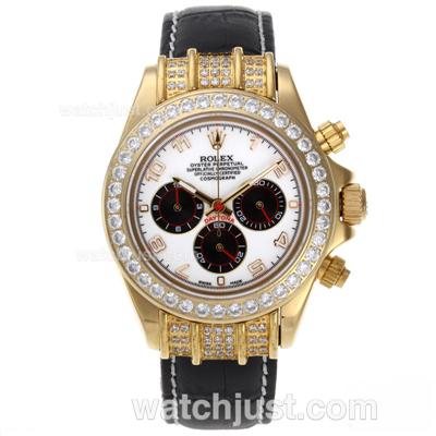 Rolex Daytona Working Chronograph Gold Case Diamond Bezel Number Markers with White Dial-Leather Strap