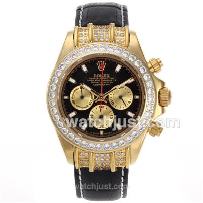 Rolex Daytona Working Chronograph Gold Case Diamond Bezel Stick Markers with Black Dial-Leather Strap