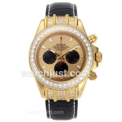 Rolex Daytona Working Chronograph Gold Case Diamond Bezel Stick Markers with Golden Dial-Leather Strap