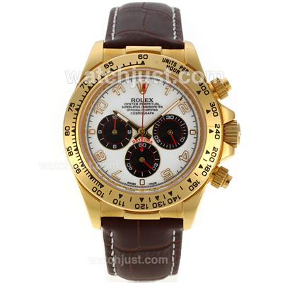 Rolex Daytona Working Chronograph Gold Case Number Markers with White Dial-Leather Strap