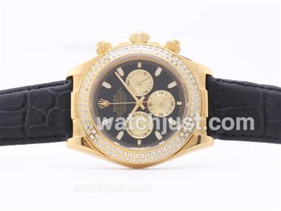 Rolex Daytona Working Chronograph Golden Case Black Dial with Sticker Marking - Diamond Bezel Black Strap