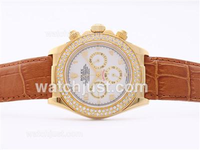 Rolex Daytona Working Chronograph Golden Case White Dial Arabic Numerals with Diamond Bezel - Brown Strap