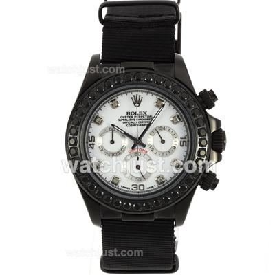 Rolex Daytona Working Chronograph PVD Case Black Diamond Bezel Diamond Markers with White Dial-Nylon Strap