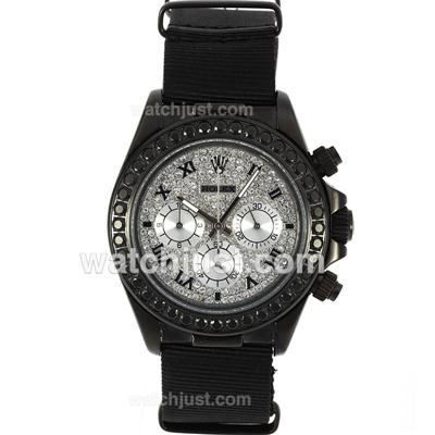 Rolex Daytona Working Chronograph PVD Case Black Diamond Bezel Roman Markers with Diamond Dial-Nylon Strap