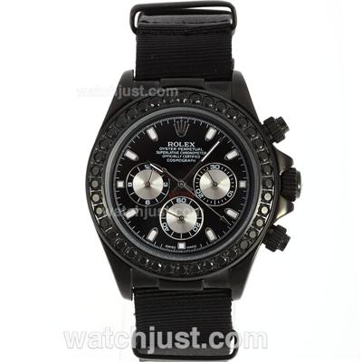 Rolex Daytona Working Chronograph PVD Case Black Diamond Bezel Stick Markers with Black Dial-Nylon Strap