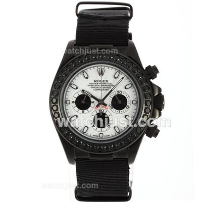 Rolex Daytona Working Chronograph PVD Case Black Diamond Bezel Stick Markers with White Dial-Nylon Strap