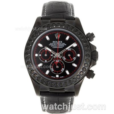 Rolex Daytona Working Chronograph PVD Case Diamond Bezel with Black Dial-Leather Strap