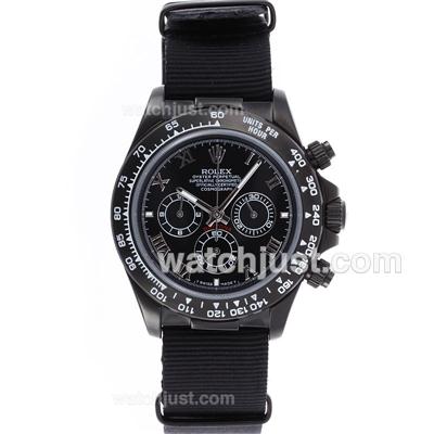 Rolex Daytona Working Chronograph PVD Case Roman Markers with Black Dial-Nylon Strap