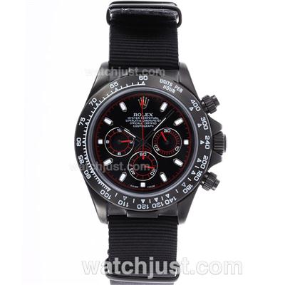 Rolex Daytona Working Chronograph PVD Case Stick Markers with Black Dial-Nylon Strap