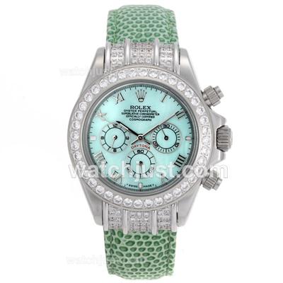 Rolex Daytona Working Chronograph Roman Markers Diamond Bezel and Green MOP Dial - Green Leather Strap