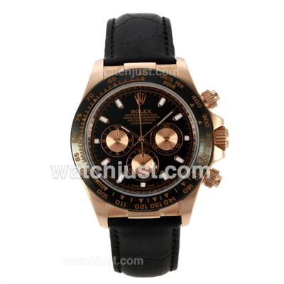 Rolex Daytona Working Chronograph Rose Gold Case Ceramic Bezel with Black Dial-Leather Strap