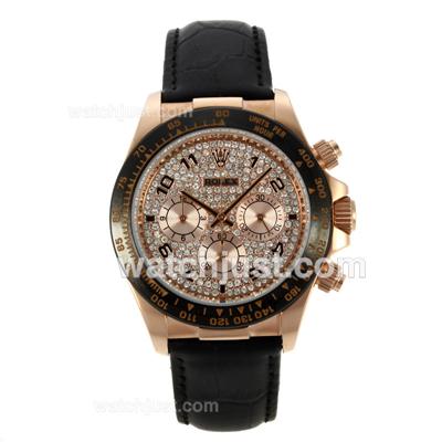 Rolex Daytona Working Chronograph Rose Gold Case Ceramic Bezel with Diamond Dial-Leather Strap