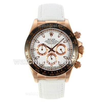 Rolex Daytona Working Chronograph Rose Gold Case Ceramic Bezel with White Dial-Leather Strap