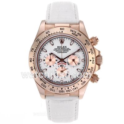 Rolex Daytona Working Chronograph Rose Gold Case Stick Markers with White Dial-Leather Strap