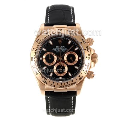 Rolex Daytona Working Chronograph Rose Gold Case with Black Dial-Leather Strap
