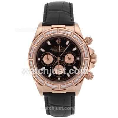 Rolex Daytona Working Chronograph Rose Gold Case with CZ Diamond Bezel and Black Dial - Stick Markers